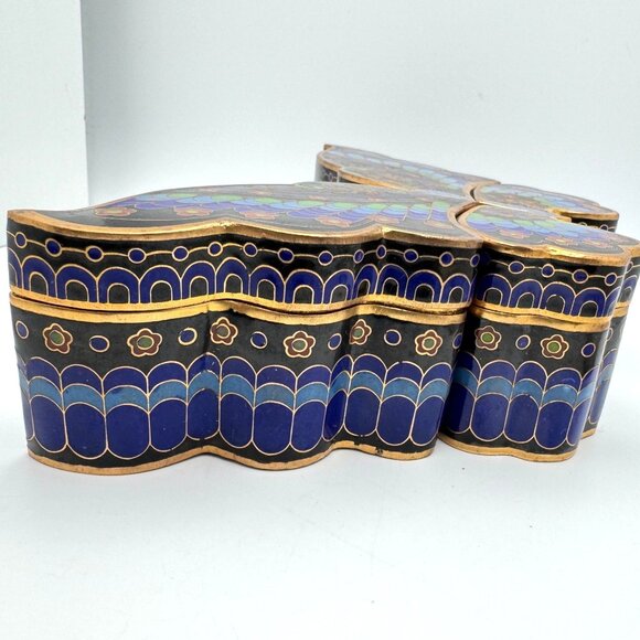 Cloisonné Vtg Brass Butterfly Trinket Box Blue Green Black Gold Tone Chinese - Picture 13 of 15